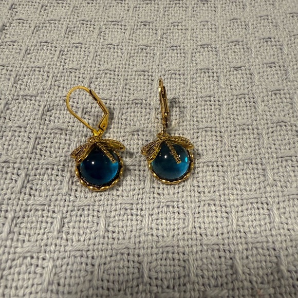 Elegant Gold and Blue glass Dragonfly Leverback Earrings - Picture 2 of 4